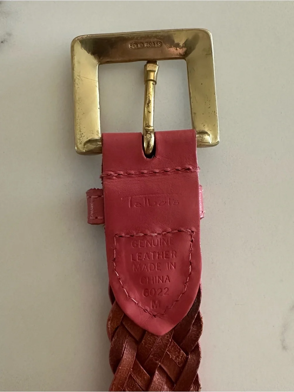 Vintage Talbots Braided Leather Belt Solid Brass Square Buckle Gloss Pink M